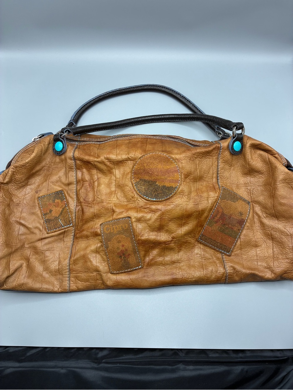 GABS ITALY Vintage-Inspired Tan Leather Shoulder Bag with Turquoise Accents - Picture 3 of 14
